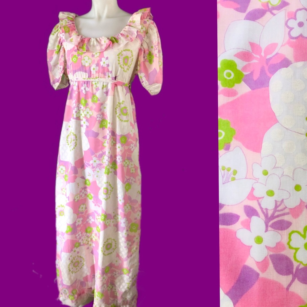 VTG. 60s Hawaiian Maxi Dress Festival Boho S/M